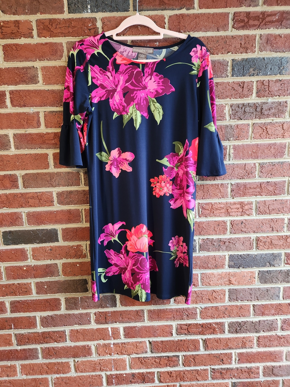 Floral Navy Shift Dress with Pink Blooms Medium